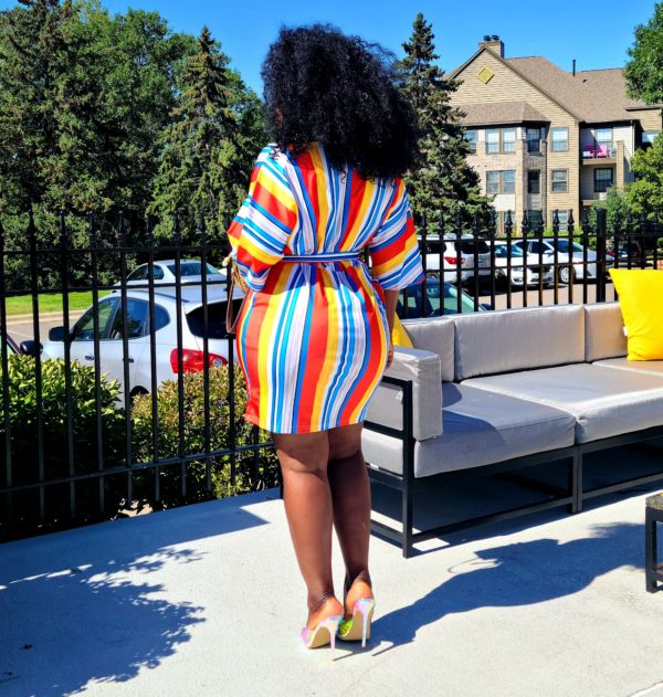 Stylish V Neck Rainbow Stripped Mini Dress_backside